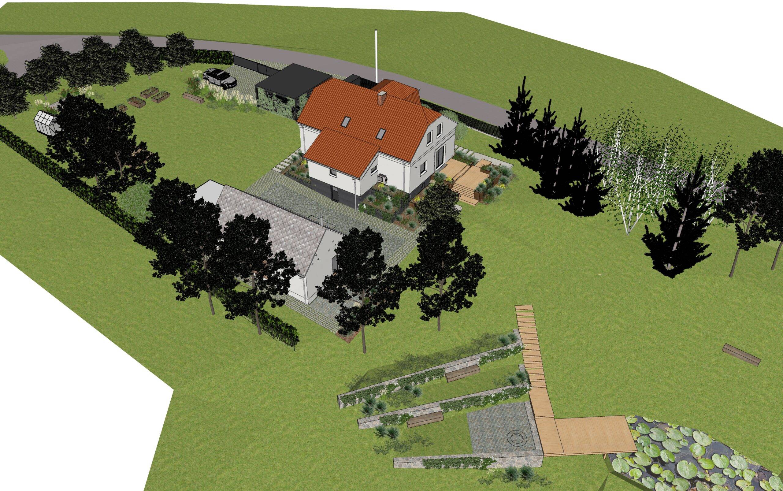 návrh venkovních prostor. zahrada, exteriér, studie, vít lopatovský, architekt, projekt, 3d, model, petřvald, frýdek-místek