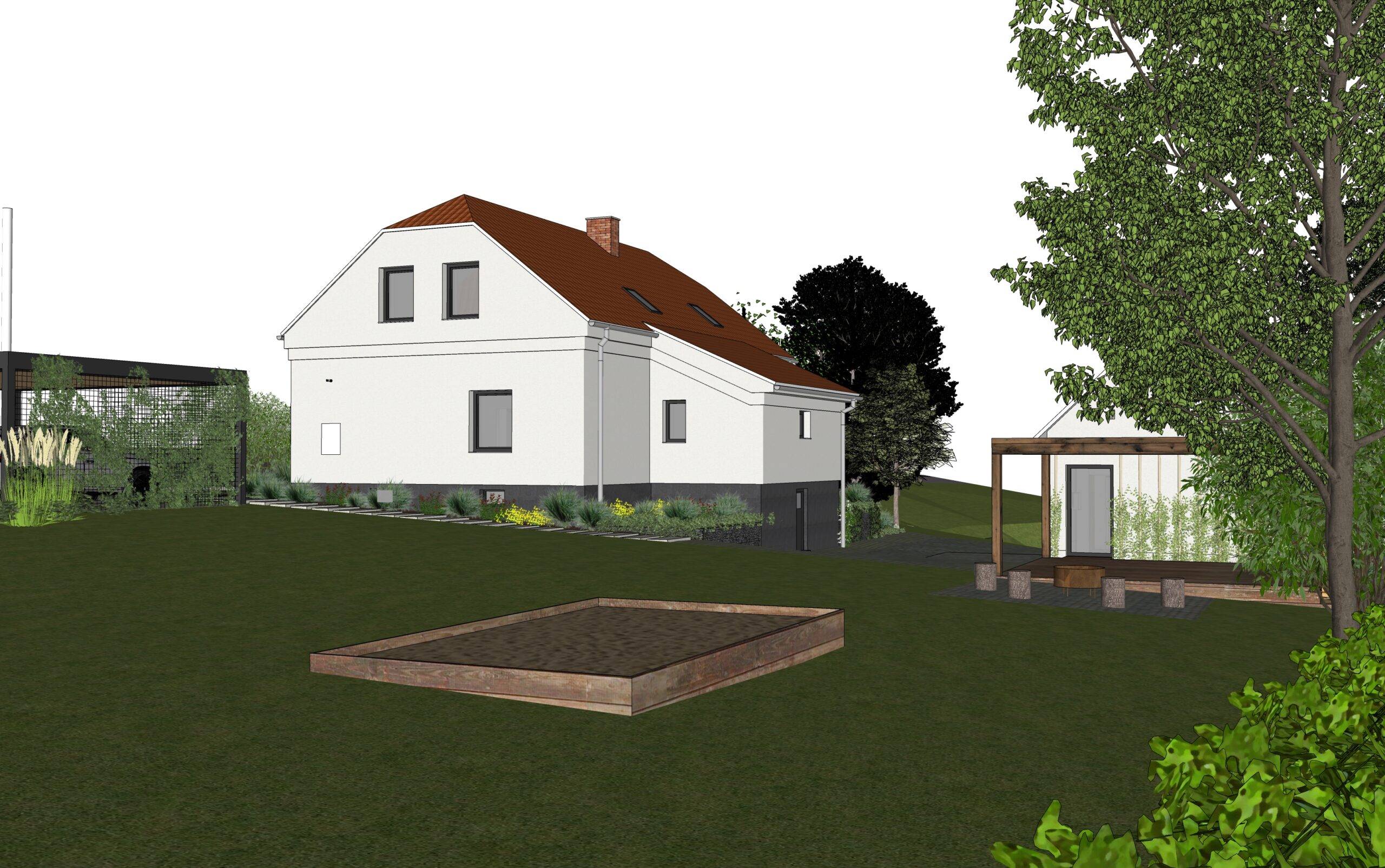 návrh venkovních prostor. zahrada, exteriér, studie, vít lopatovský, architekt, projekt, 3d, model, petřvald, frýdek-místek