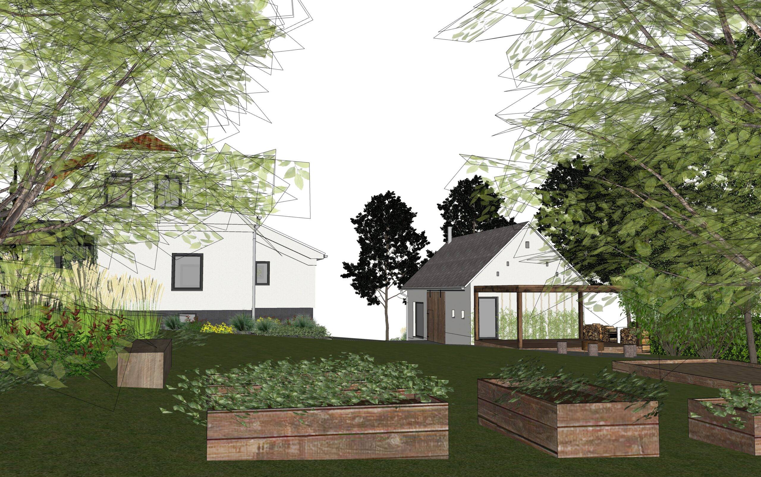 návrh venkovních prostor. zahrada, exteriér, studie, vít lopatovský, architekt, projekt, 3d, model, petřvald, frýdek-místek