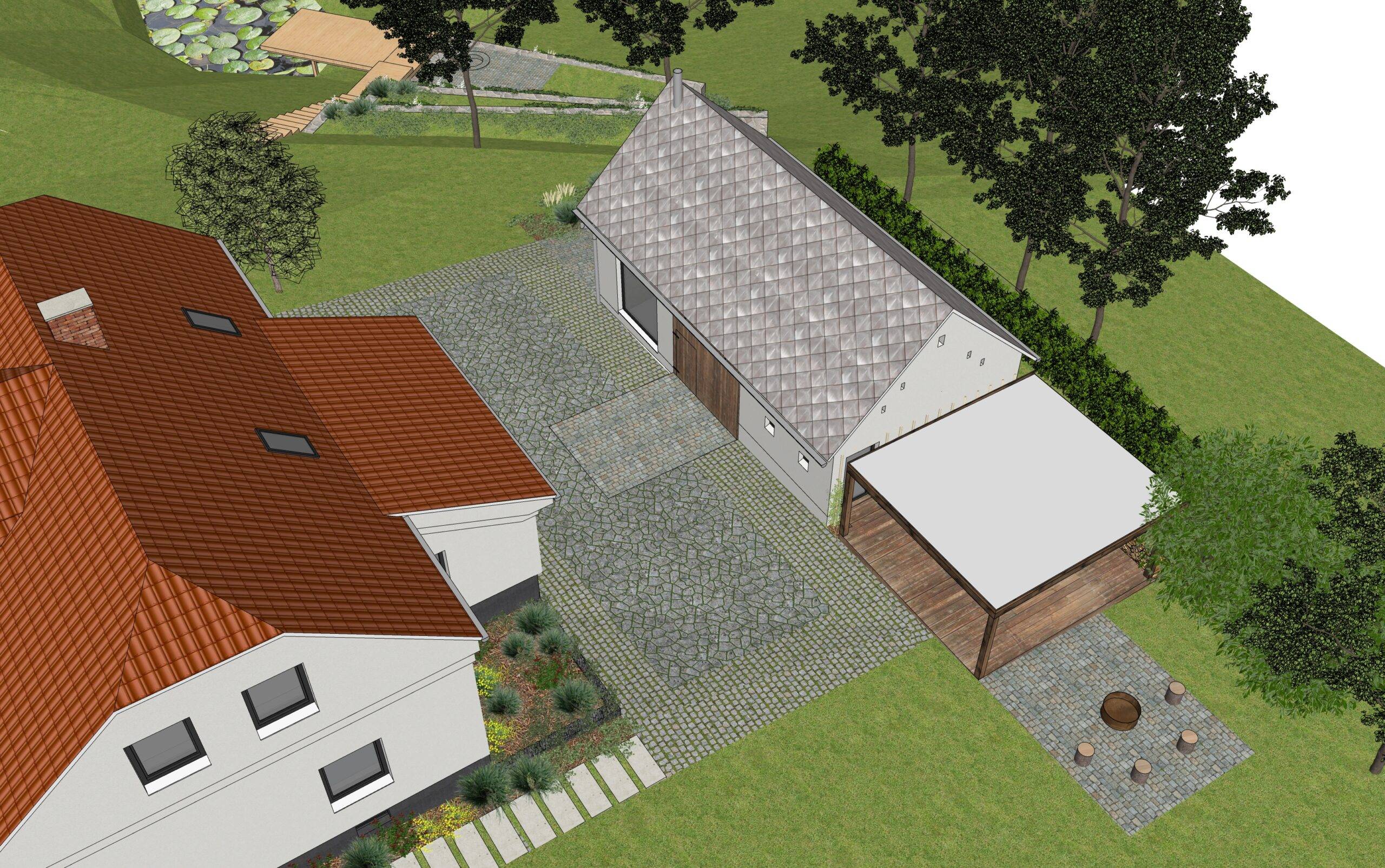 návrh venkovních prostor. zahrada, exteriér, studie, vít lopatovský, architekt, projekt, 3d, model, petřvald, frýdek-místek