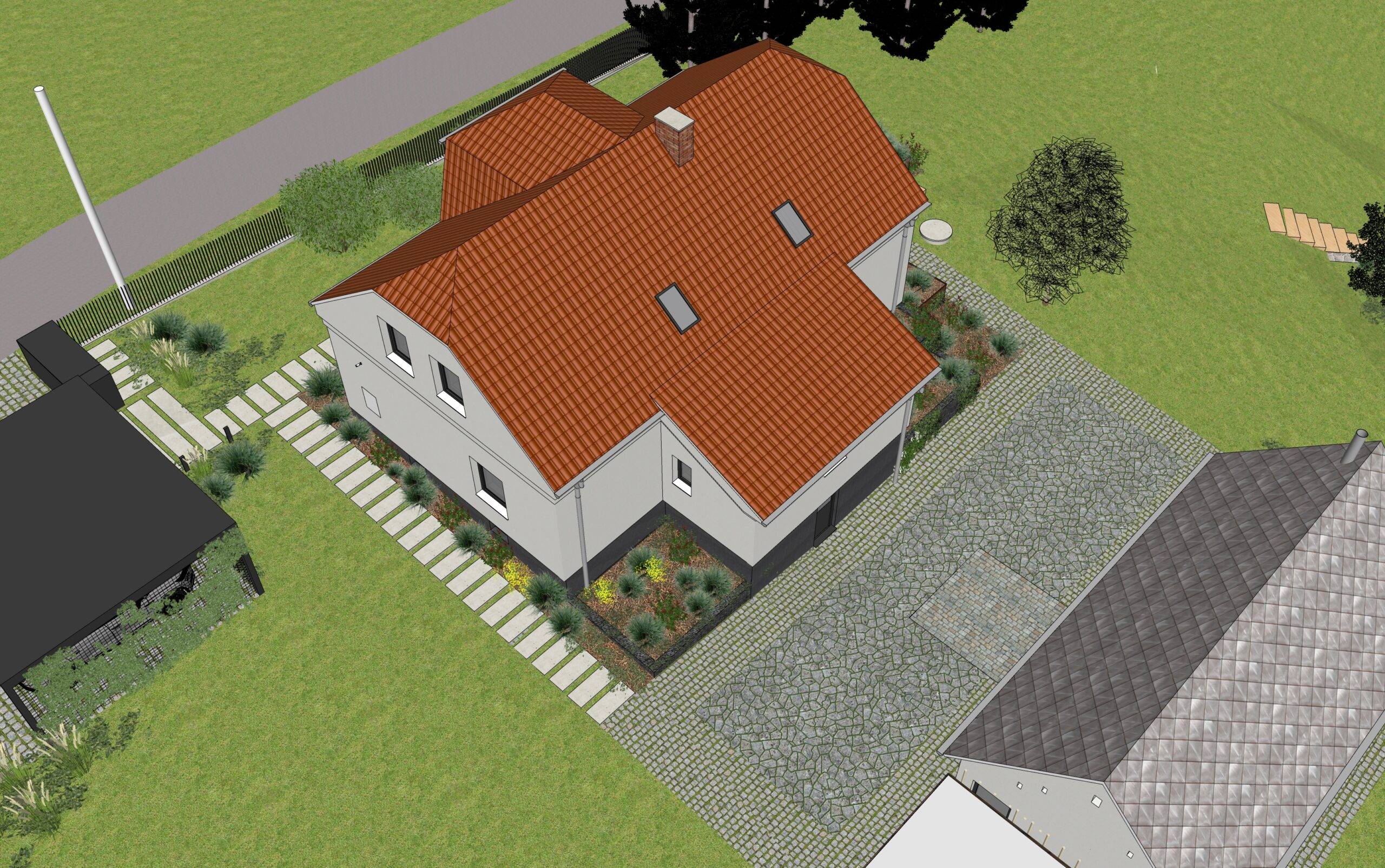 návrh venkovních prostor. zahrada, exteriér, studie, vít lopatovský, architekt, projekt, 3d, model, petřvald, frýdek-místek
