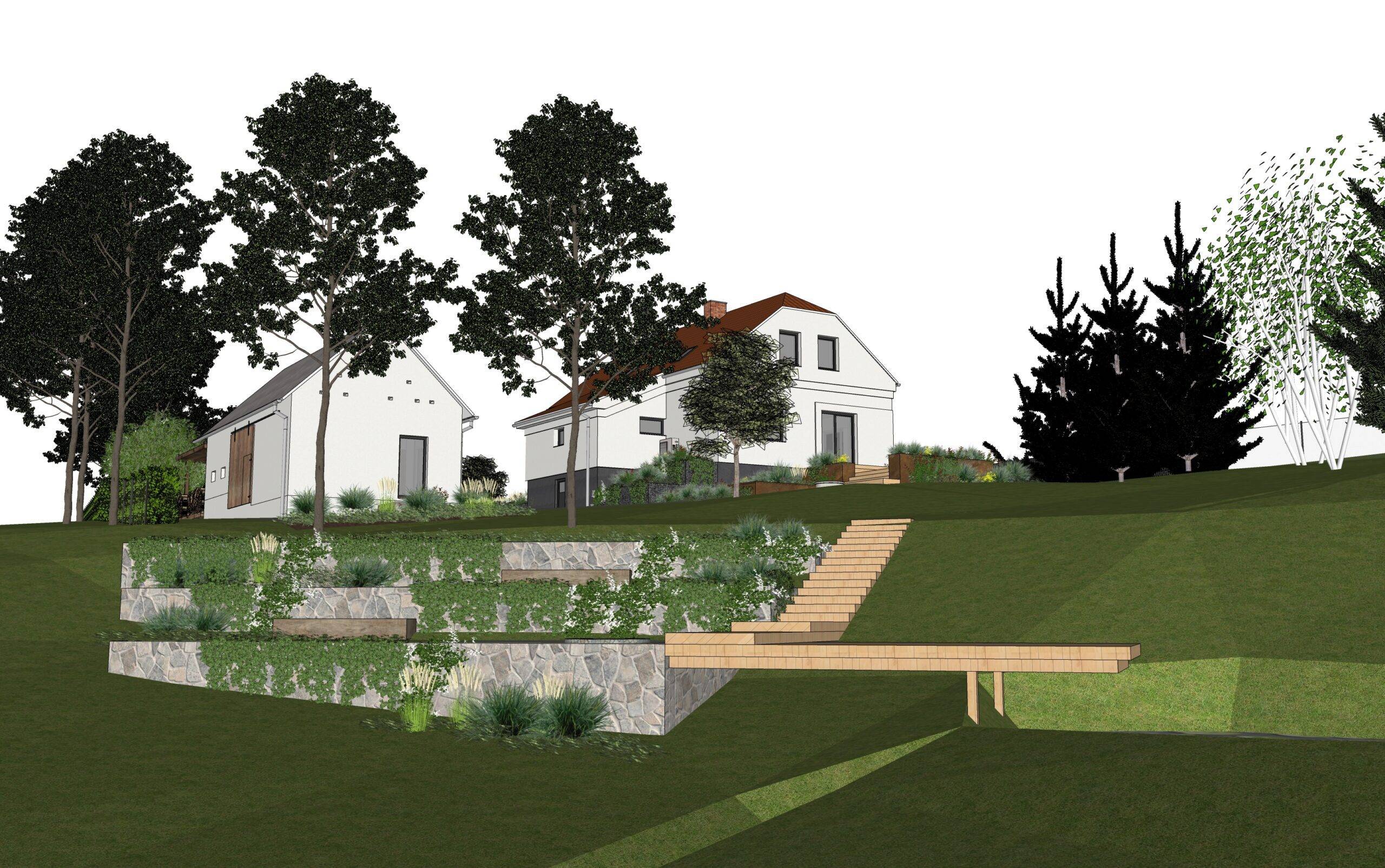 návrh venkovních prostor. zahrada, exteriér, studie, vít lopatovský, architekt, projekt, 3d, model, petřvald, frýdek-místek