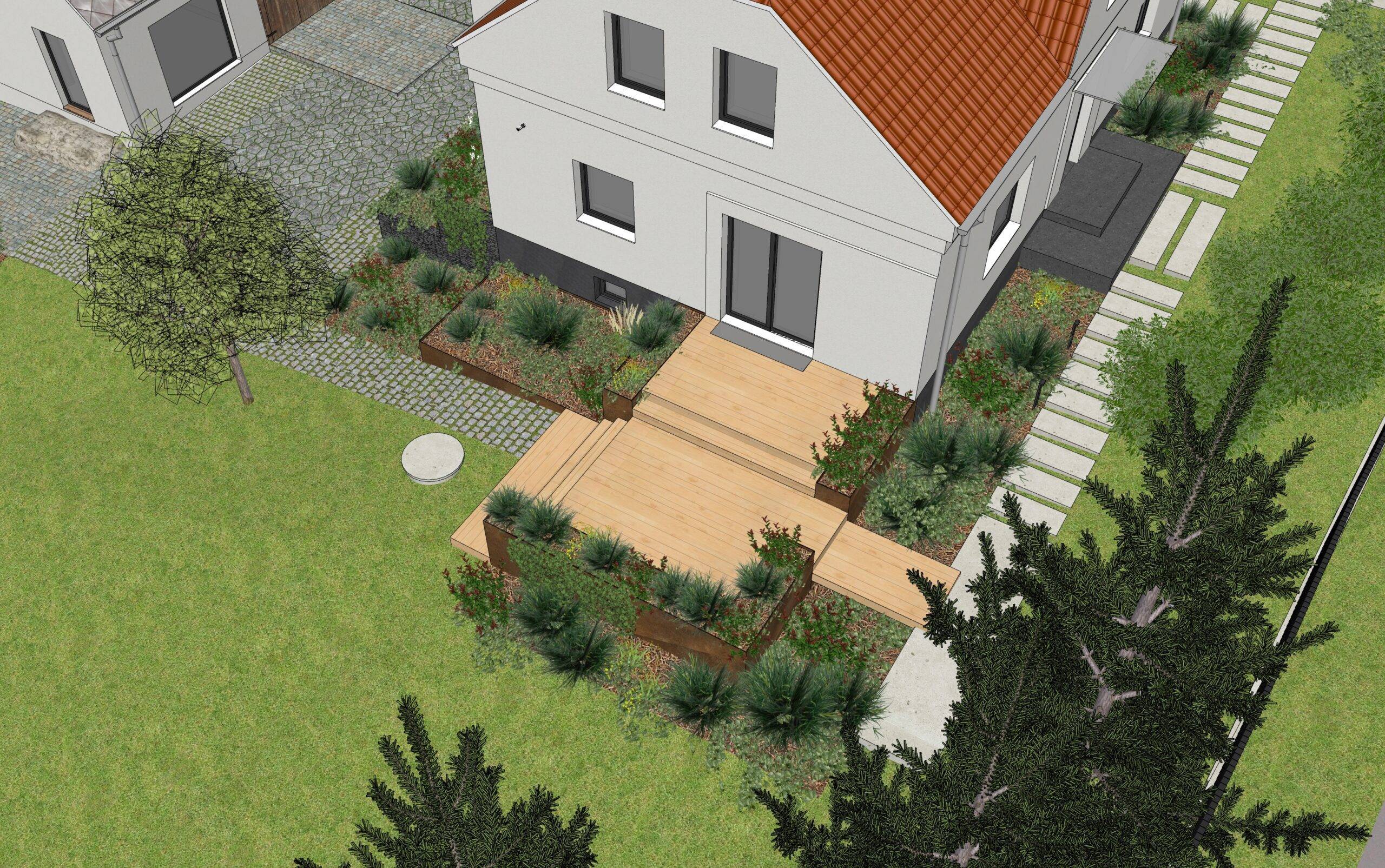 návrh venkovních prostor. zahrada, exteriér, studie, vít lopatovský, architekt, projekt, 3d, model, petřvald, frýdek-místek
